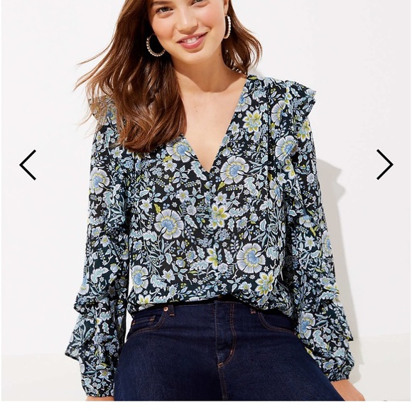 LOFT Tops - ***NWT*** Loft Floral Ruffle Long Sleeve Blue Blouse Blouse Size Small